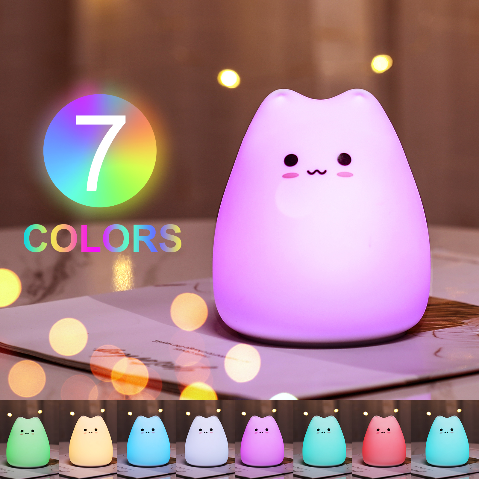 Mini Popular Cat Baby Night Lamp 7-color Pat Touch Color-changing Eye Protection Bedroom Bedside Night Light Gift Children