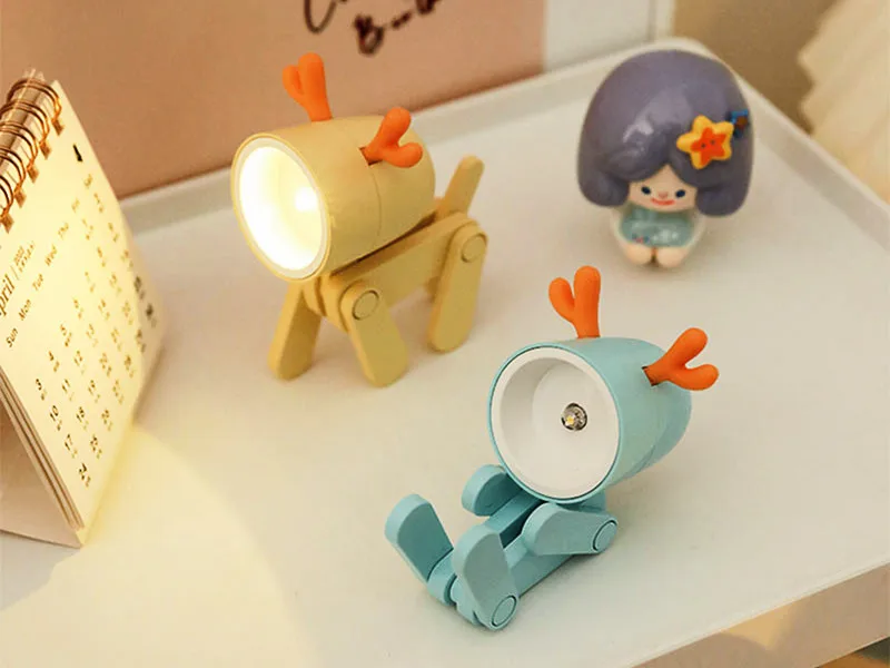 Mini Led Night Lights Folding Desk Lamp Cartoon Cute Pet Dog Deer Shape Nightlights Adjustable Kids Bedroom Bedside Decor Gift
