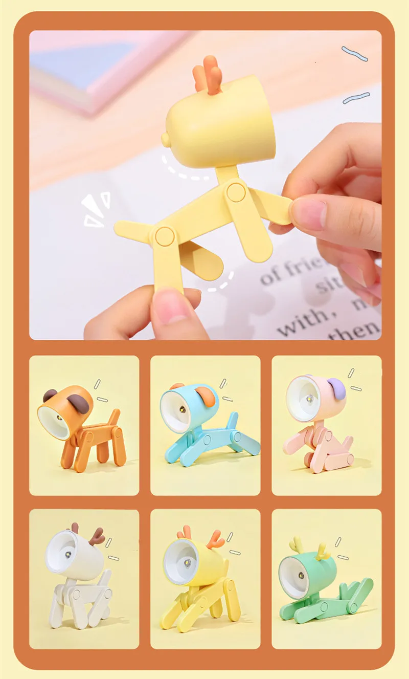 Mini Led Night Lights Folding Desk Lamp Cartoon Cute Pet Dog Deer Shape Nightlights Adjustable Kids Bedroom Bedside Decor Gift