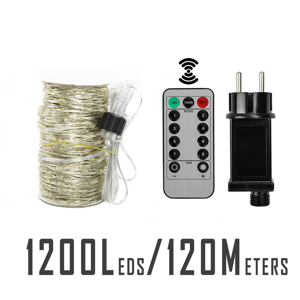 120M 1200LEDs Silver Wire Fairy string Lights Wateproof Plug In for Tree Outdoor Christmas Holiday wedding Garden Decoration