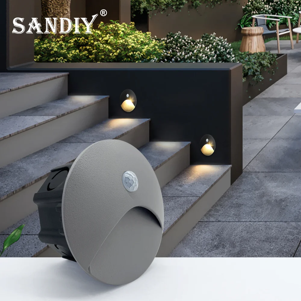 SANDIY Outdoor Lighting LED Sensor Embedded Wall Lamps Waterproof Outside Night Light Footlight+60mm Box for Stair&Step Garden