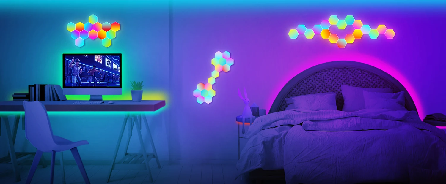 RGB Smart Hexagonal Wall Lamp Color Changing Ambient Night Light DIY Shape Music Rhythm APP For Game Room Bedroom Intelligent
