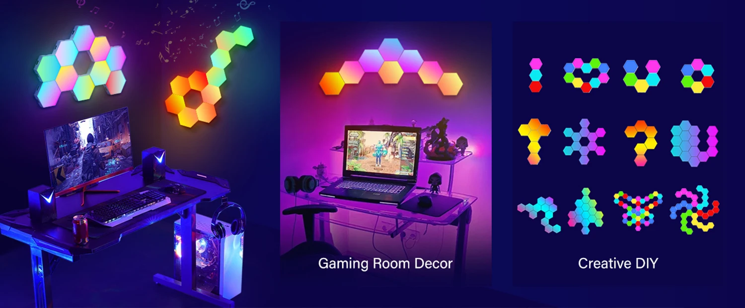 RGB Smart Hexagonal Wall Lamp Color Changing Ambient Night Light DIY Shape Music Rhythm APP For Game Room Bedroom Intelligent