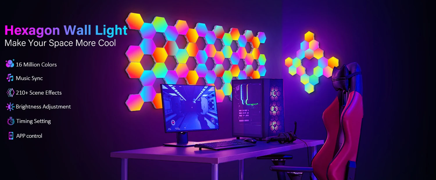 RGB Smart Hexagonal Wall Lamp Color Changing Ambient Night Light DIY Shape Music Rhythm APP For Game Room Bedroom Intelligent