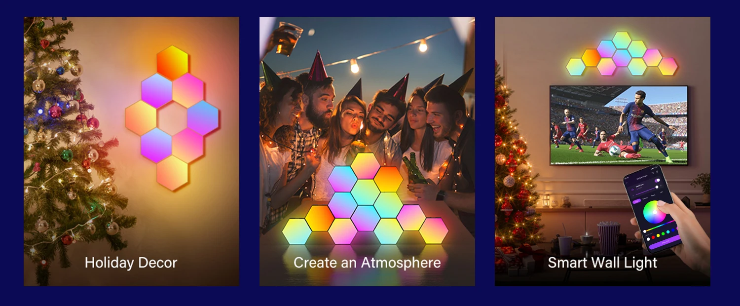 RGB Smart Hexagonal Wall Lamp Color Changing Ambient Night Light DIY Shape Music Rhythm APP For Game Room Bedroom Intelligent