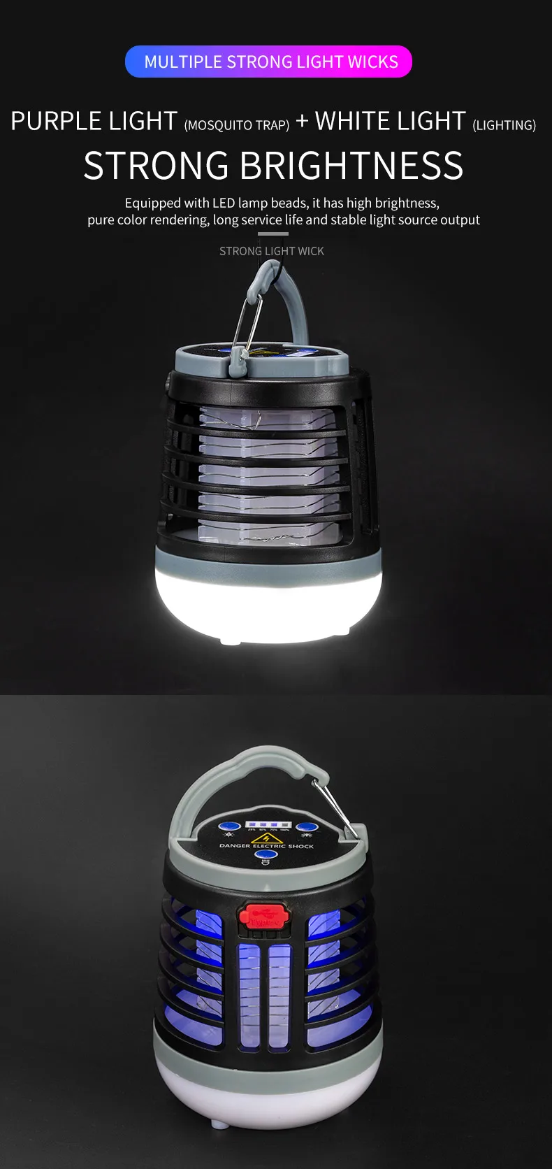 Hanging UV LED Mosquito Killer Lamp Electric Shock Insect Repeller Light USB Portable Outdoor Waterproof Hiking Camping Lantern