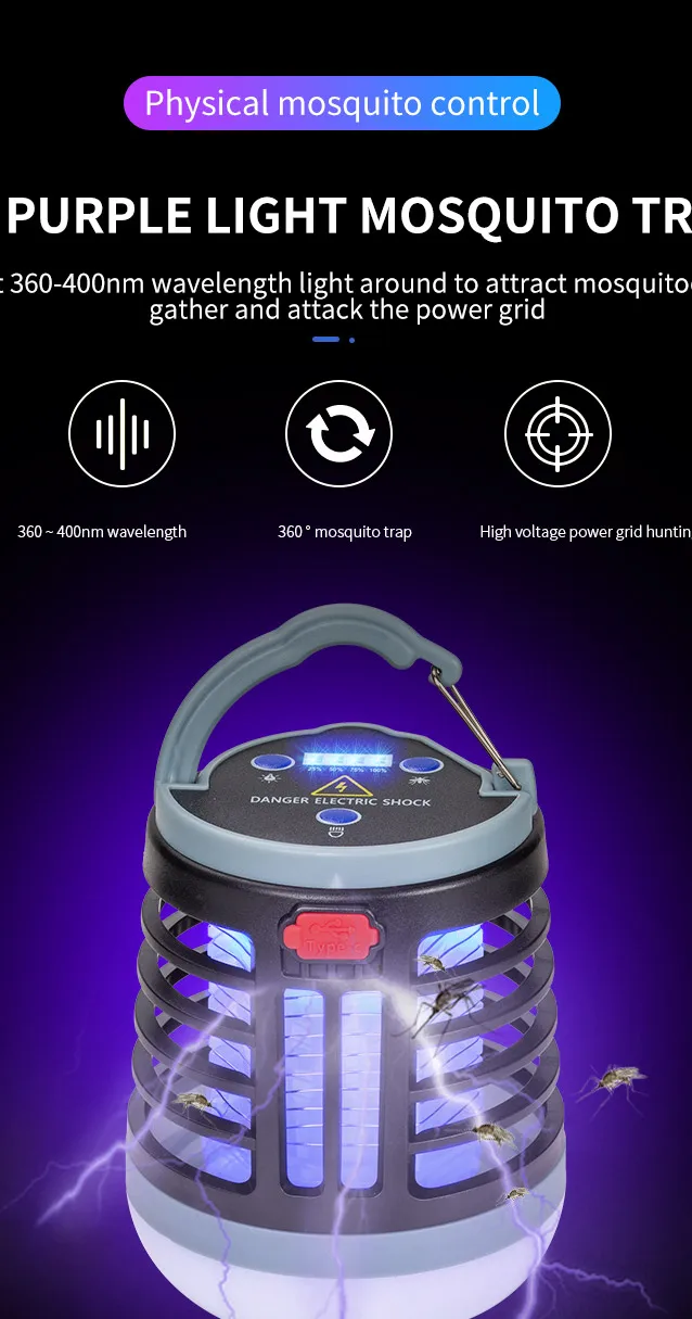 Hanging UV LED Mosquito Killer Lamp Electric Shock Insect Repeller Light USB Portable Outdoor Waterproof Hiking Camping Lantern