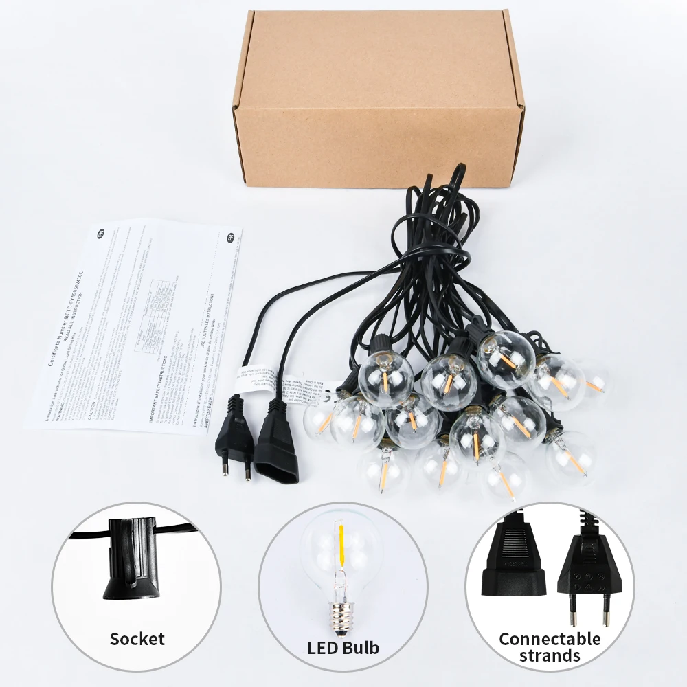 G40 LED Globe String Lights Outdoor, 3M/9M/15M IP65 Plastic Bulbs, Balcony Garland Fairy Lamps for Wedding Christmas Party Deco