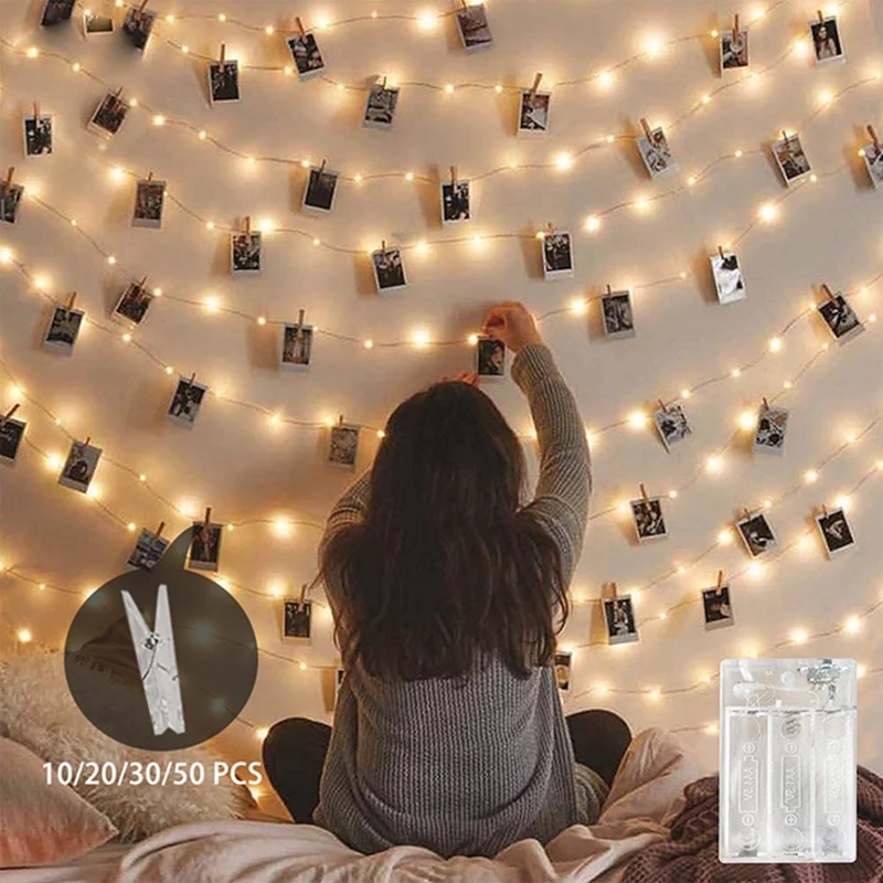 1Pc Led Photo Clips String Light With 10/20/30/50 Clear Clips Fairy Lights For Bedroom Wall Hanging Pictures Cards Party Decor