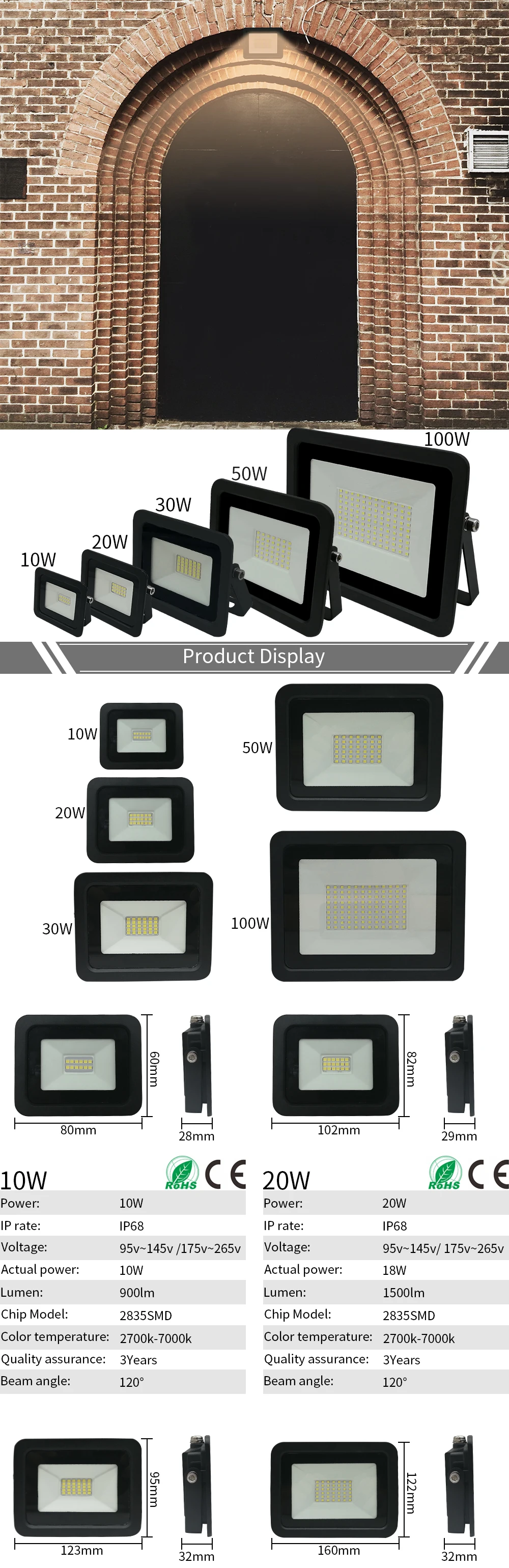 110V/220V LED Flood Light 10W 20W 30W 50W 100W Floodlights Lamp Waterproof IP68 White Reflector Led Exterior Outdoor Spotlight