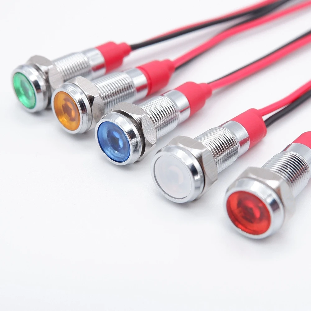 6mm Metal Indicator Light LED Warning Signal Lamp Pilot Wires Switch 3V 5V 12V 24V 220V Red Orange Blue Green White With Wire
