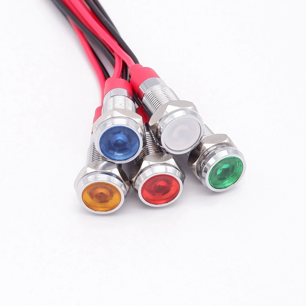 6mm Metal Indicator Light LED Warning Signal Lamp Pilot Wires Switch 3V 5V 12V 24V 220V Red Orange Blue Green White With Wire