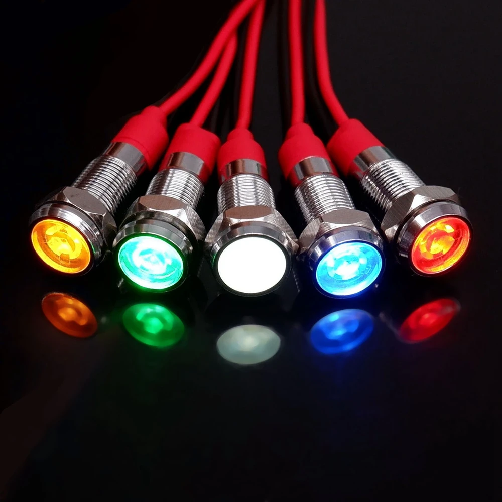 6mm Metal Indicator Light LED Warning Signal Lamp Pilot Wires Switch 3V 5V 12V 24V 220V Red Orange Blue Green White With Wire