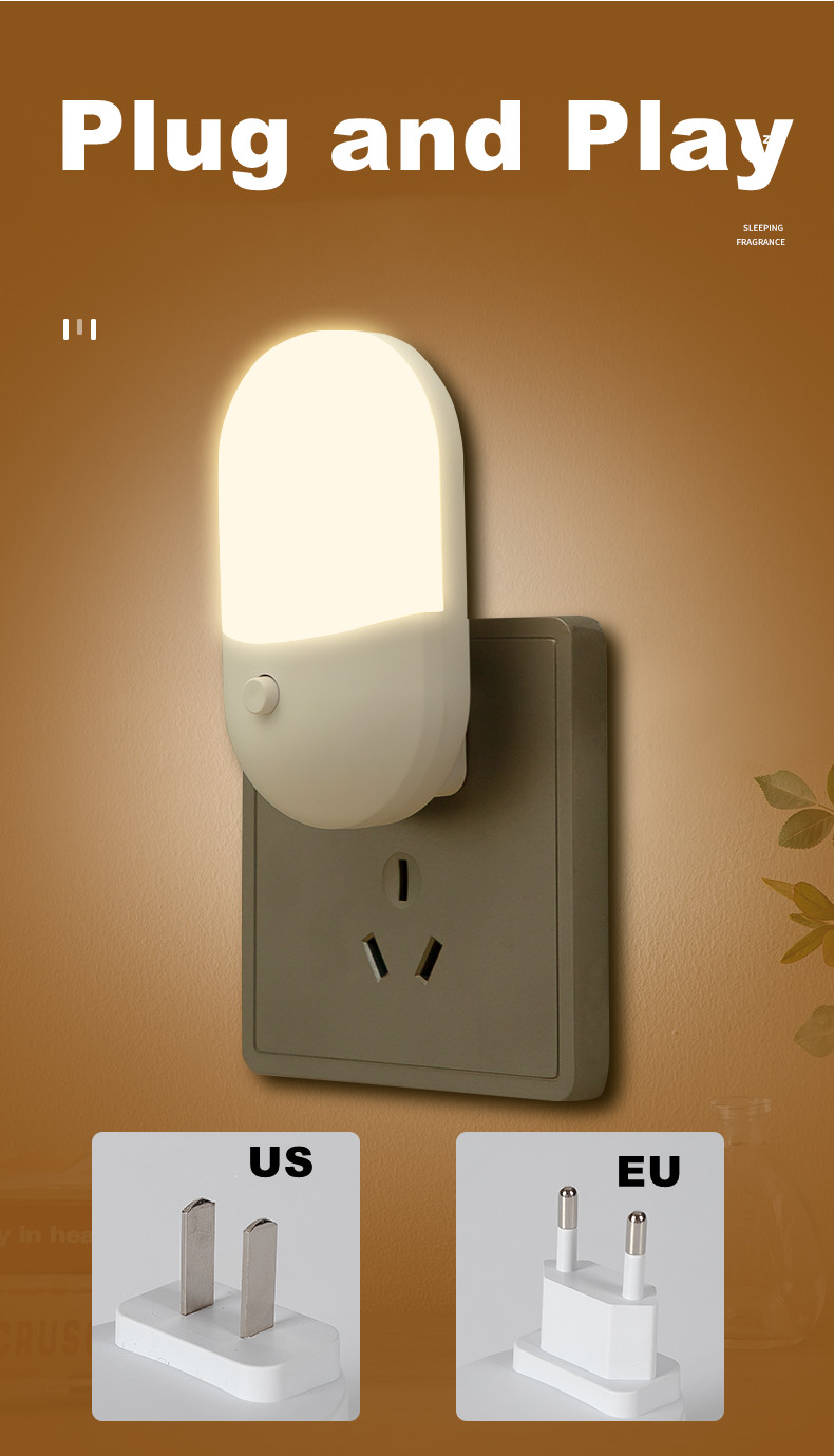 HHLZYH 3W Energy Saving Night Light Plug-in LED Feeding Socket Lamp Indoor Lighting Bedroom Night Bedside Lamp US/EU Two-color
