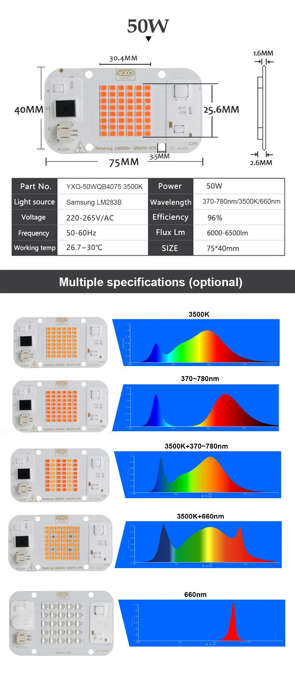 Horticulture Indoor Plant Grow Light COB LED Chip 50w Full Spectrum+660nm LED COB Chip For Plant Grow