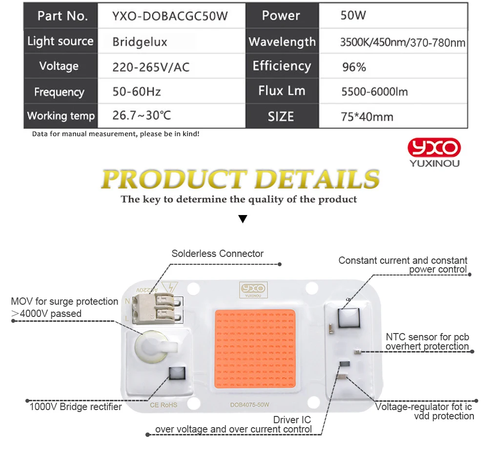 Horticulture Indoor Plant Grow Light COB LED Chip 50w Full Spectrum+660nm LED COB Chip For Plant Grow