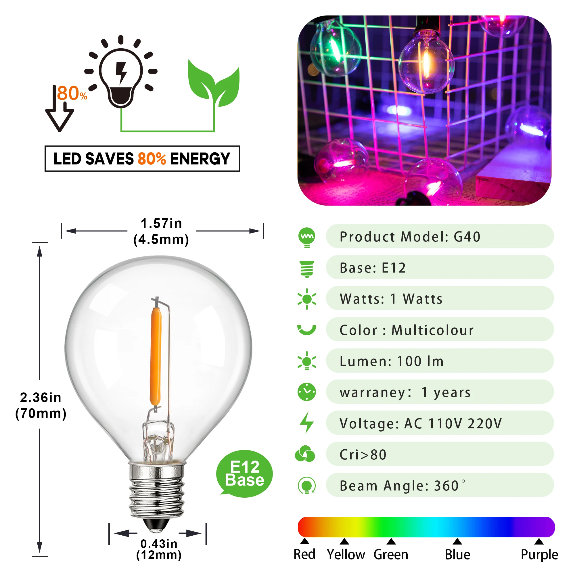 Colorful G40 Led Bulbs String Light EU 220V US 110V Street Garland Waterproof Connectable RGB Wedding Birthday Decoration Light