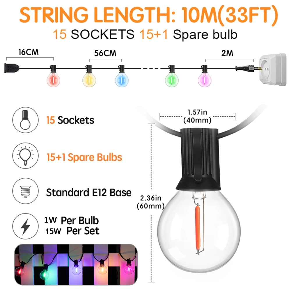 Colorful G40 Led Bulbs String Light EU 220V US 110V Street Garland Waterproof Connectable RGB Wedding Birthday Decoration Light