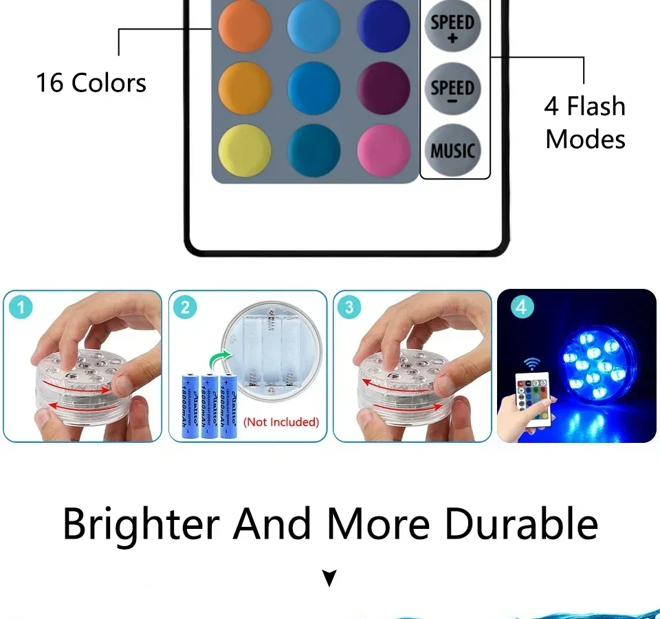 Battery Powered LED Underwater RGB Submersible Lights IP68 Waterproof Swimming Pool Night Atmosphere Lamp Decor Wedding Party