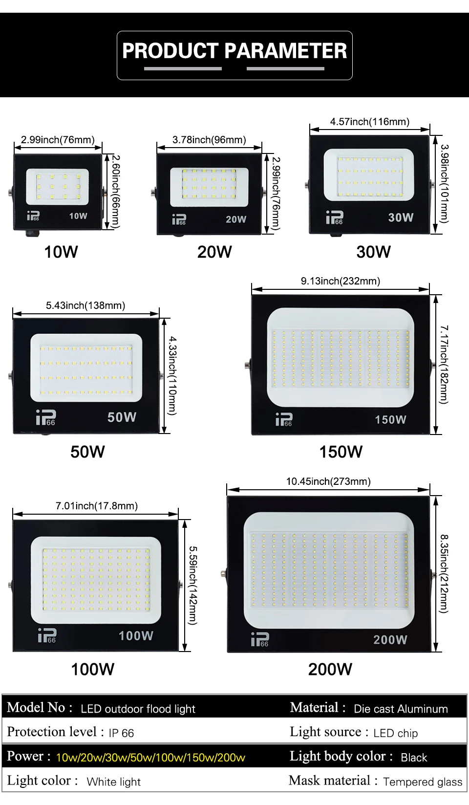 200W LED Flood light Spotlight Projector Outdoor Lighting 6500k Waterproof IP66 for Wall Garage Gym Street 220V