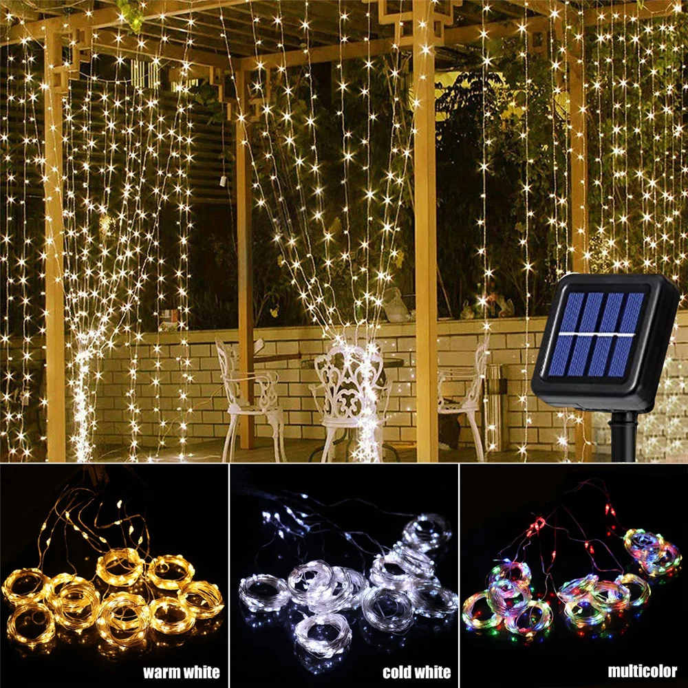 Solar Curtain Light LED Outdoor Waterproof 300leds Garland Decoration String Lights Yard Christmas Fairy Garland String Lights