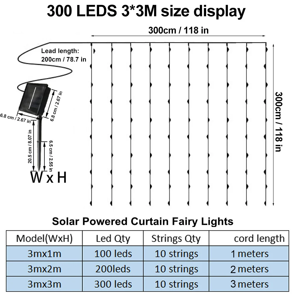 Solar Curtain Light LED Outdoor Waterproof 300leds Garland Decoration String Lights Yard Christmas Fairy Garland String Lights