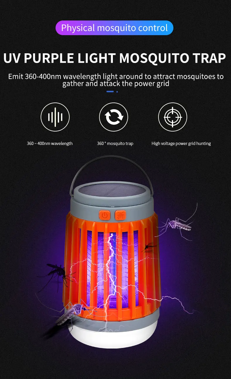 Electric Mosquito Killer Lamp UV Light Bug Zapper Trap Solar Charging Rechargeable Summer Fly Swatter Insect Killer Light