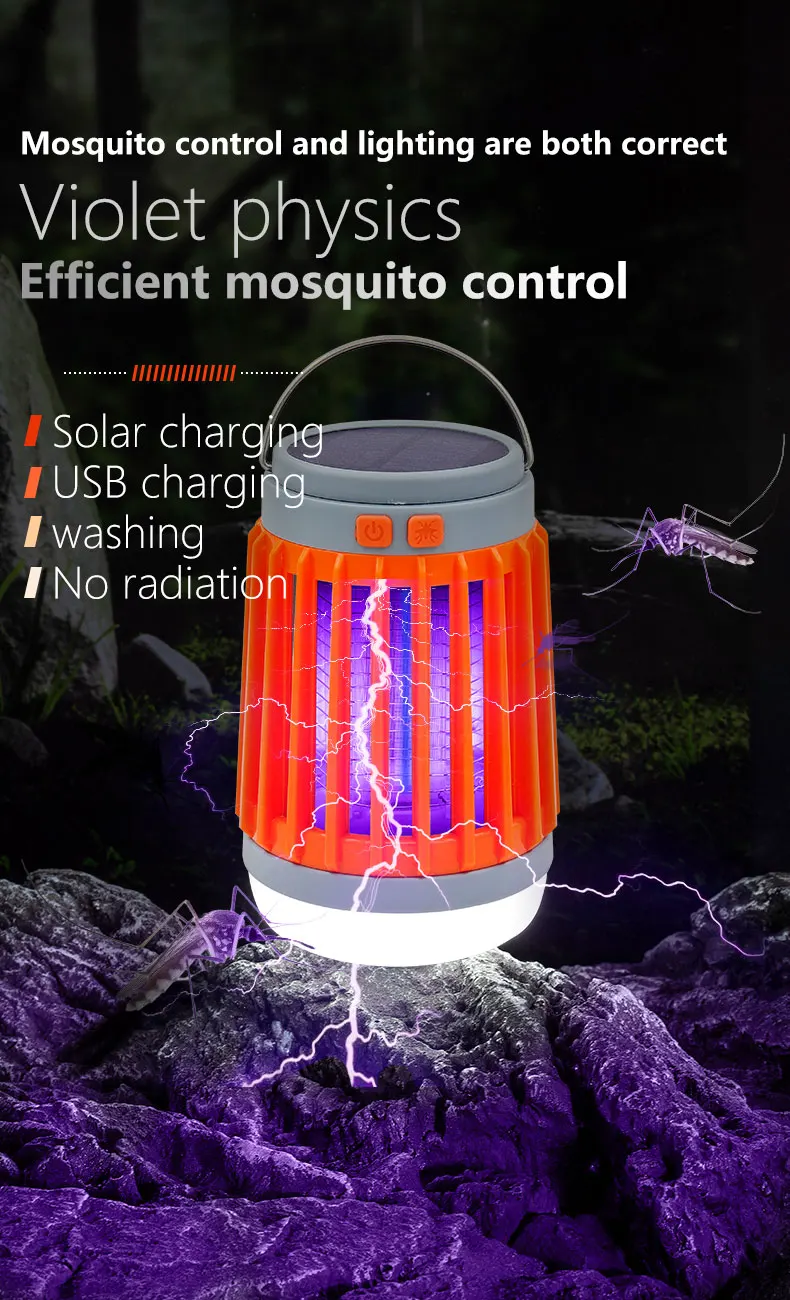 Electric Mosquito Killer Lamp UV Light Bug Zapper Trap Solar Charging Rechargeable Summer Fly Swatter Insect Killer Light