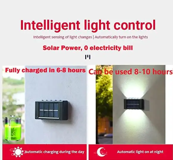 10 LED Solar Wall Lamp Outdoor Waterproof Solar Powered Light UP and Down Illuminate Home Garden Porch Yard Decoration