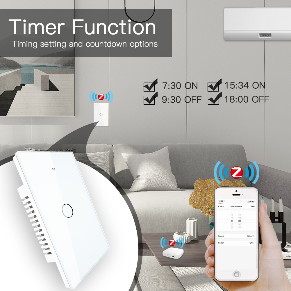 ZigBee Smart Light Switch,Wall Touch Panel US,With Neutral/No Neutral ,No Capacitor,Tuya Smart Life,Works with Alexa,Google Hub