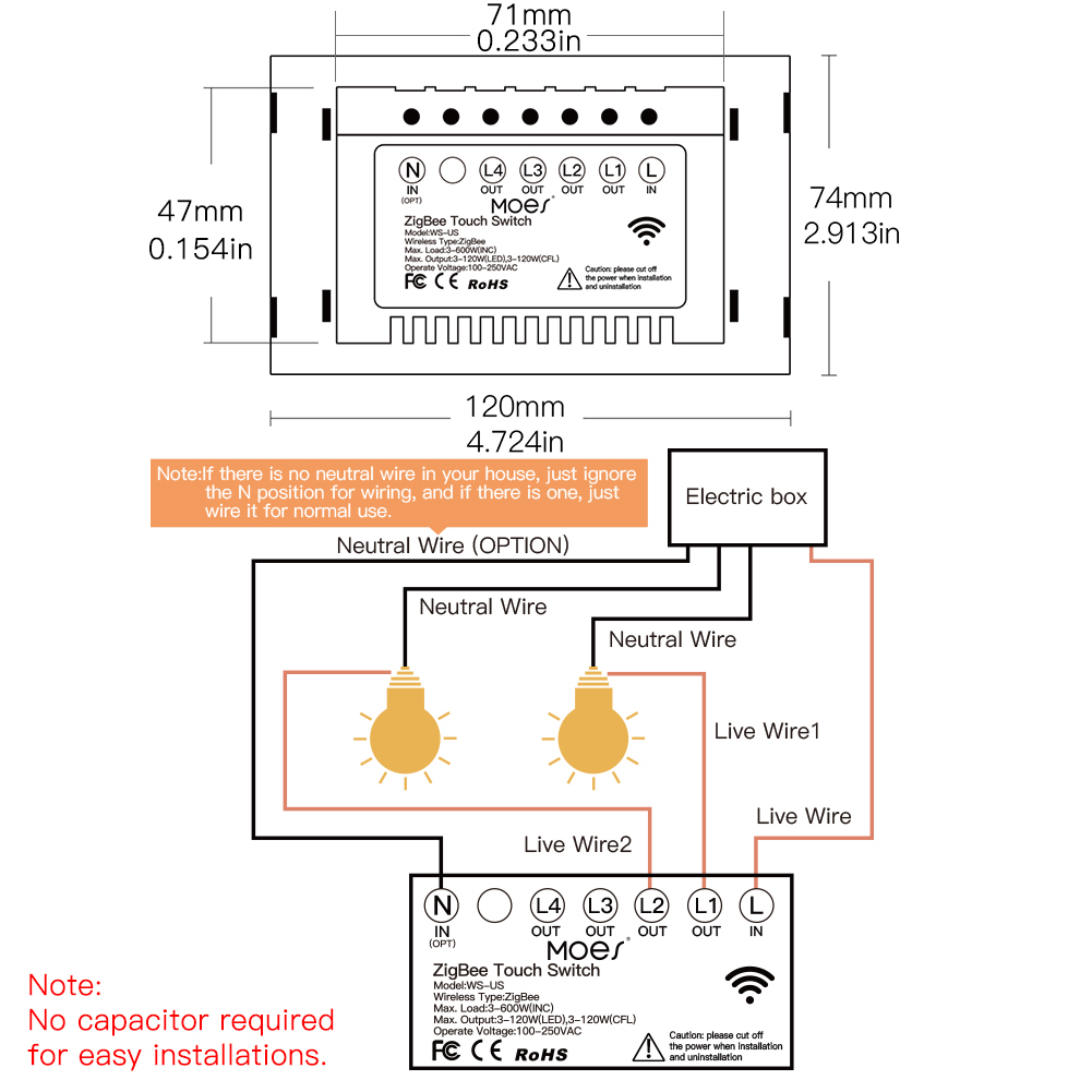 ZigBee Smart Light Switch,Wall Touch Panel US,With Neutral/No Neutral ,No Capacitor,Tuya Smart Life,Works with Alexa,Google Hub