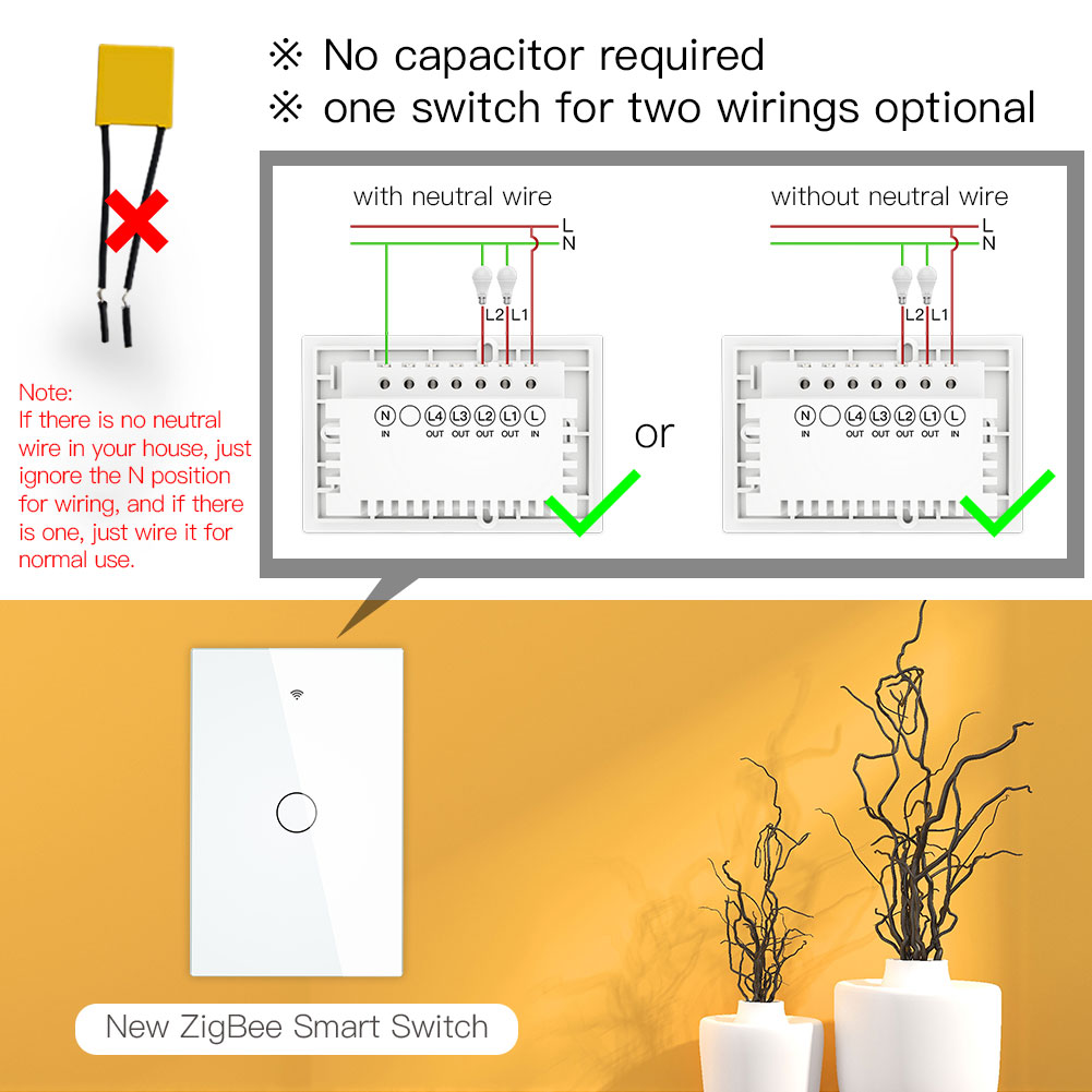 ZigBee Smart Light Switch,Wall Touch Panel US,With Neutral/No Neutral ,No Capacitor,Tuya Smart Life,Works with Alexa,Google Hub