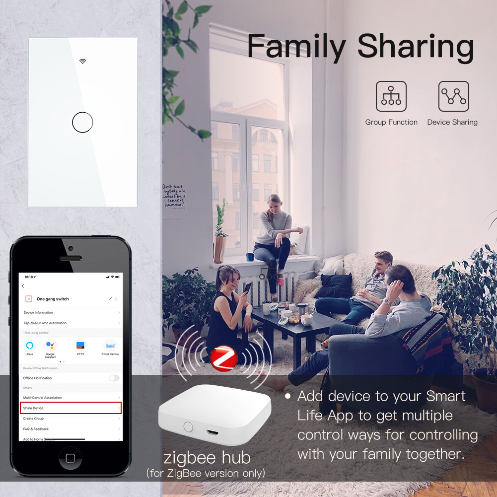 ZigBee Smart Light Switch,Wall Touch Panel US,With Neutral/No Neutral ,No Capacitor,Tuya Smart Life,Works with Alexa,Google Hub