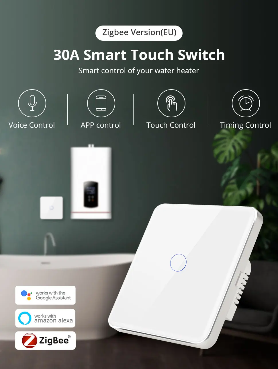 Zemismart Zigbee 30A Water Heater Switch Work with Tuya EU Touch Boiler Switch Electric Light Switch High Power Alexa Google