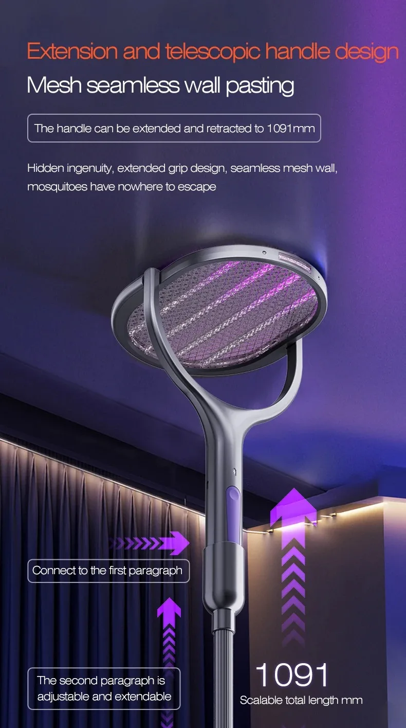 Telescopic Electric Mosquito Swatter & UV Trap Lamp, Extendable 109cm, Safe Physical Killer, Rechargeable, Wall Mount No Gap