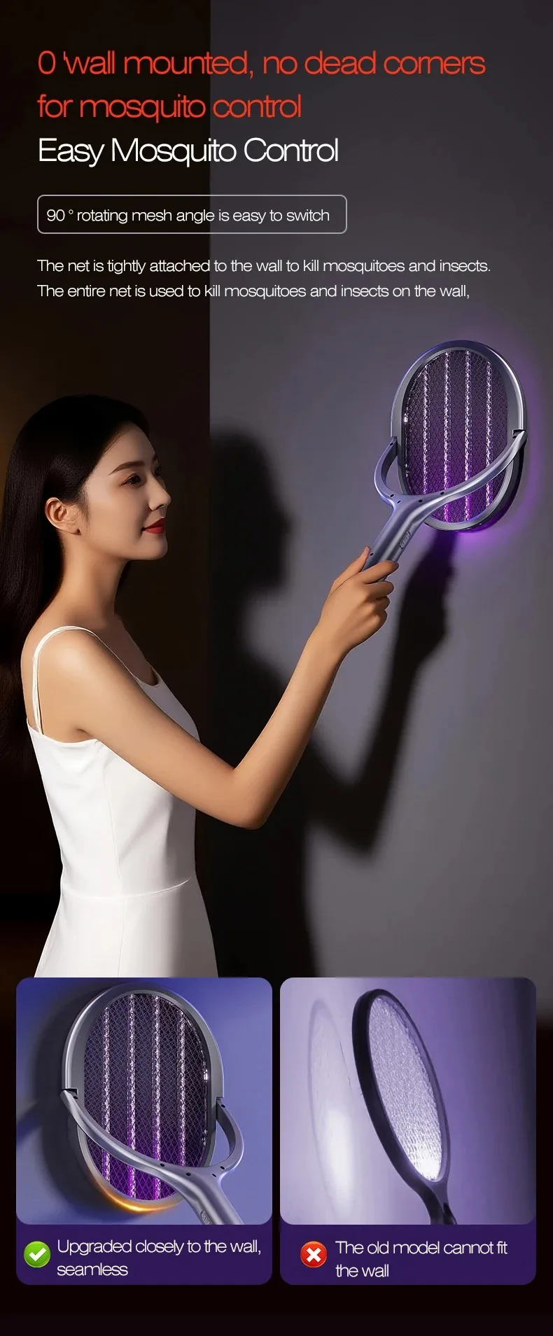 Telescopic Electric Mosquito Swatter & UV Trap Lamp, Extendable 109cm, Safe Physical Killer, Rechargeable, Wall Mount No Gap