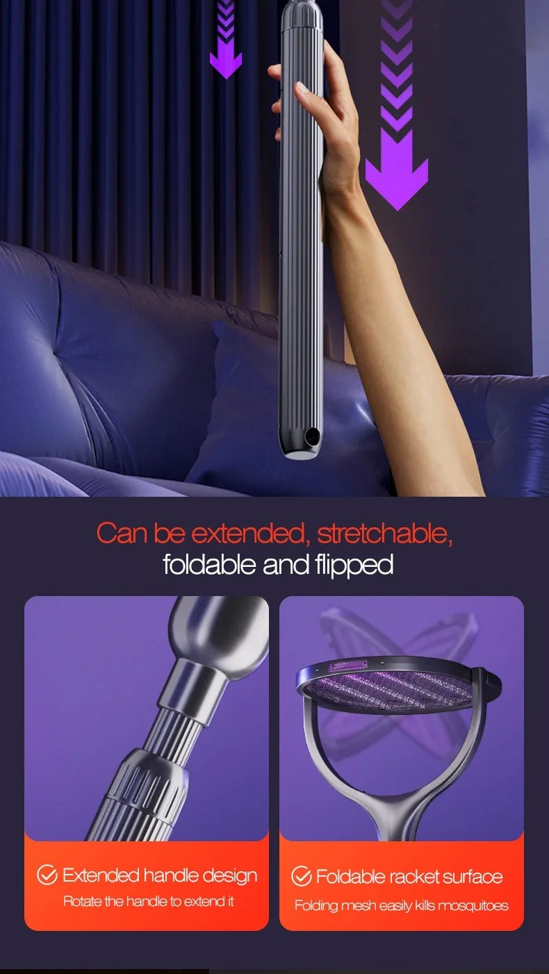 Telescopic Electric Mosquito Swatter & UV Trap Lamp, Extendable 109cm, Safe Physical Killer, Rechargeable, Wall Mount No Gap