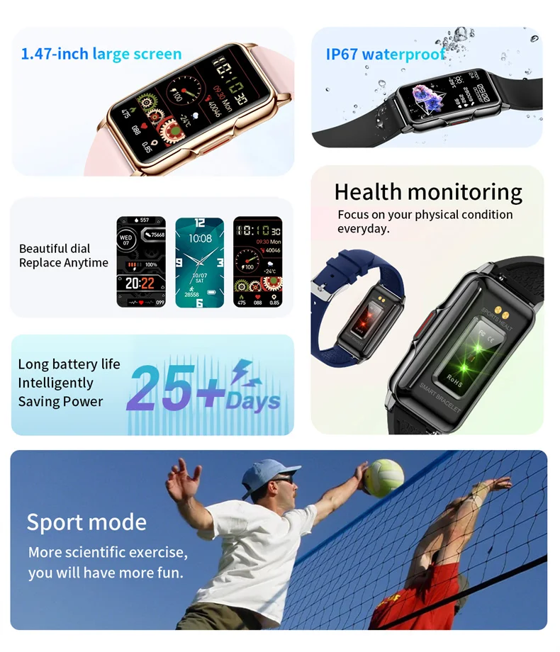 Smart Bracelet Women Smartwatch Men Heart Rate Blood Oxygen Waterproof Sport Fitness Smart Band Watch Call Reminder Ladies+Gift