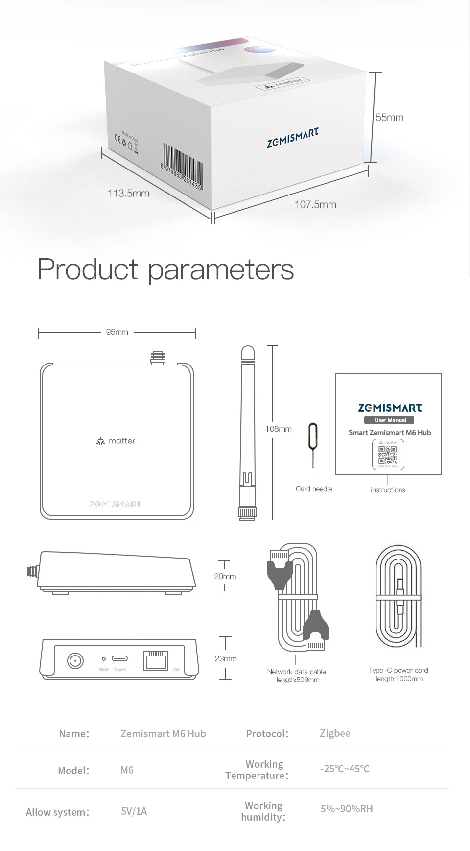 Zemismart M6 Hub Matter Zigbee Gateway with Antenna Work with Tuya Homekit Google Home SmartThings App Control Zigbee Devices