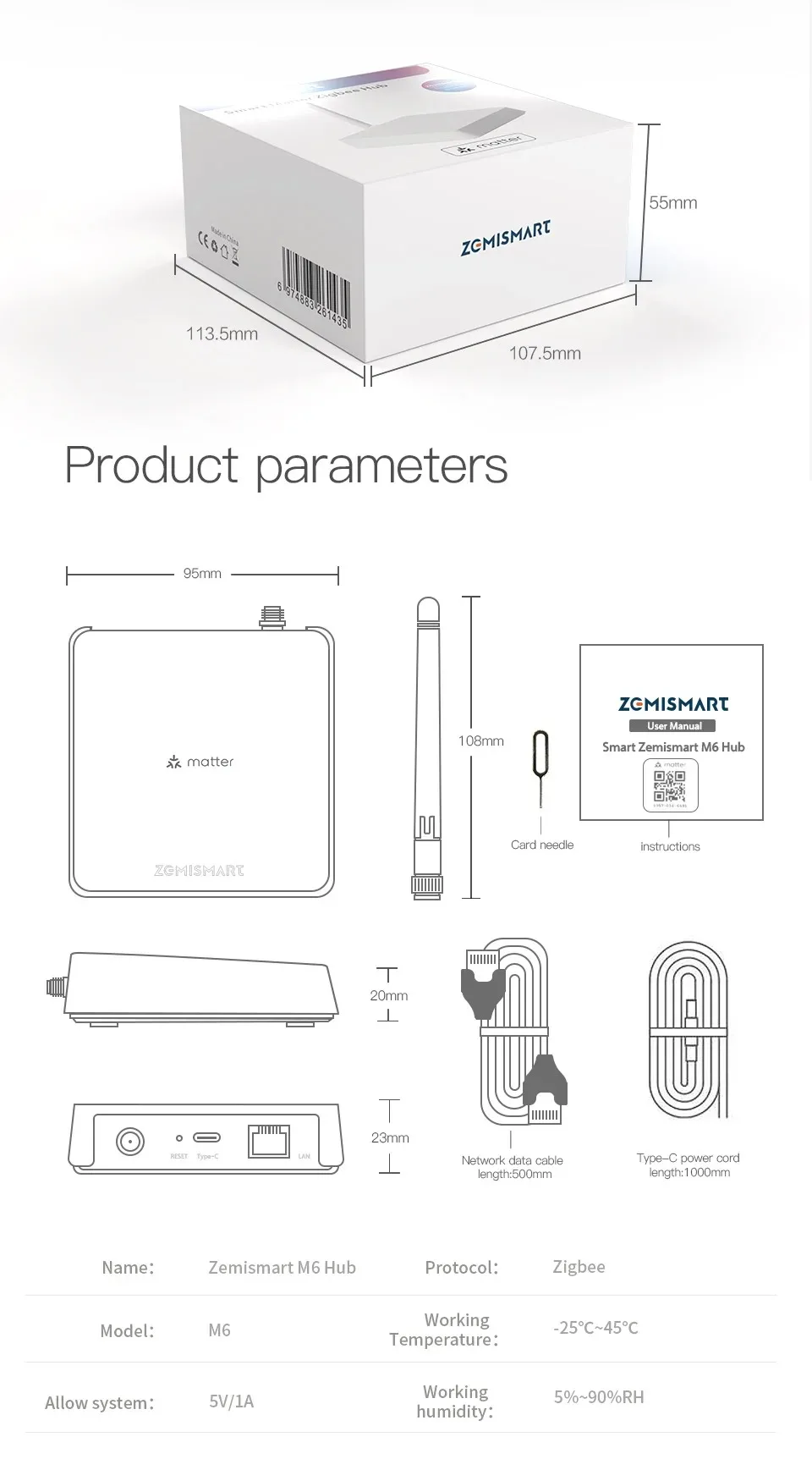 Zemismart Matter Zigbee Thread Hub Smart Home Bridge Matter Gateway Work with Tuya App Support Google Home Smartthings HA