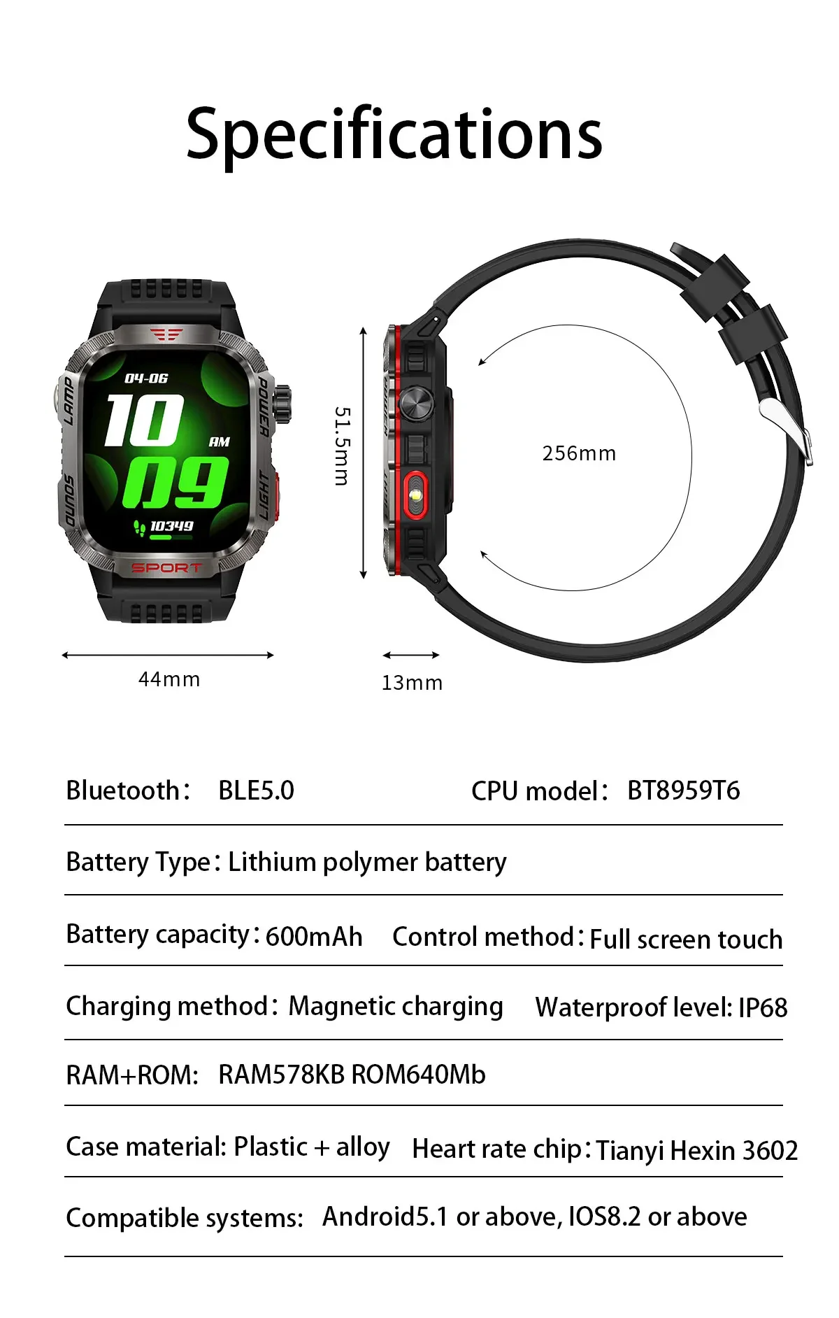 New 2.01-inch Outdoor Men Smart Watch 3ATM Waterproof Bracelet 600Mah Battery Compass LED Flashlight Bluetooth Call Smartwatches