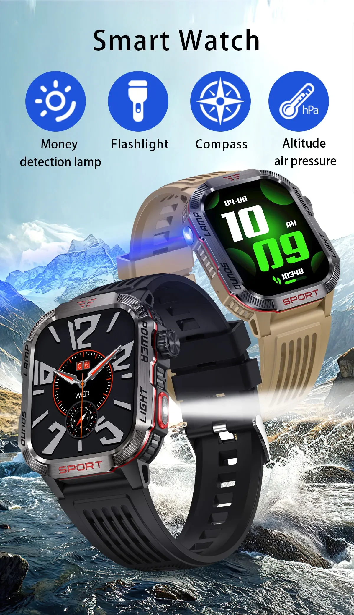 New 2.01-inch Outdoor Men Smart Watch 3ATM Waterproof Bracelet 600Mah Battery Compass LED Flashlight Bluetooth Call Smartwatches