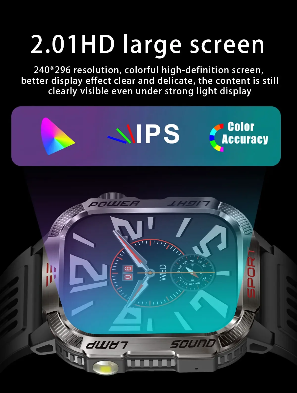 New 2.01-inch Outdoor Men Smart Watch 3ATM Waterproof Bracelet 600Mah Battery Compass LED Flashlight Bluetooth Call Smartwatches