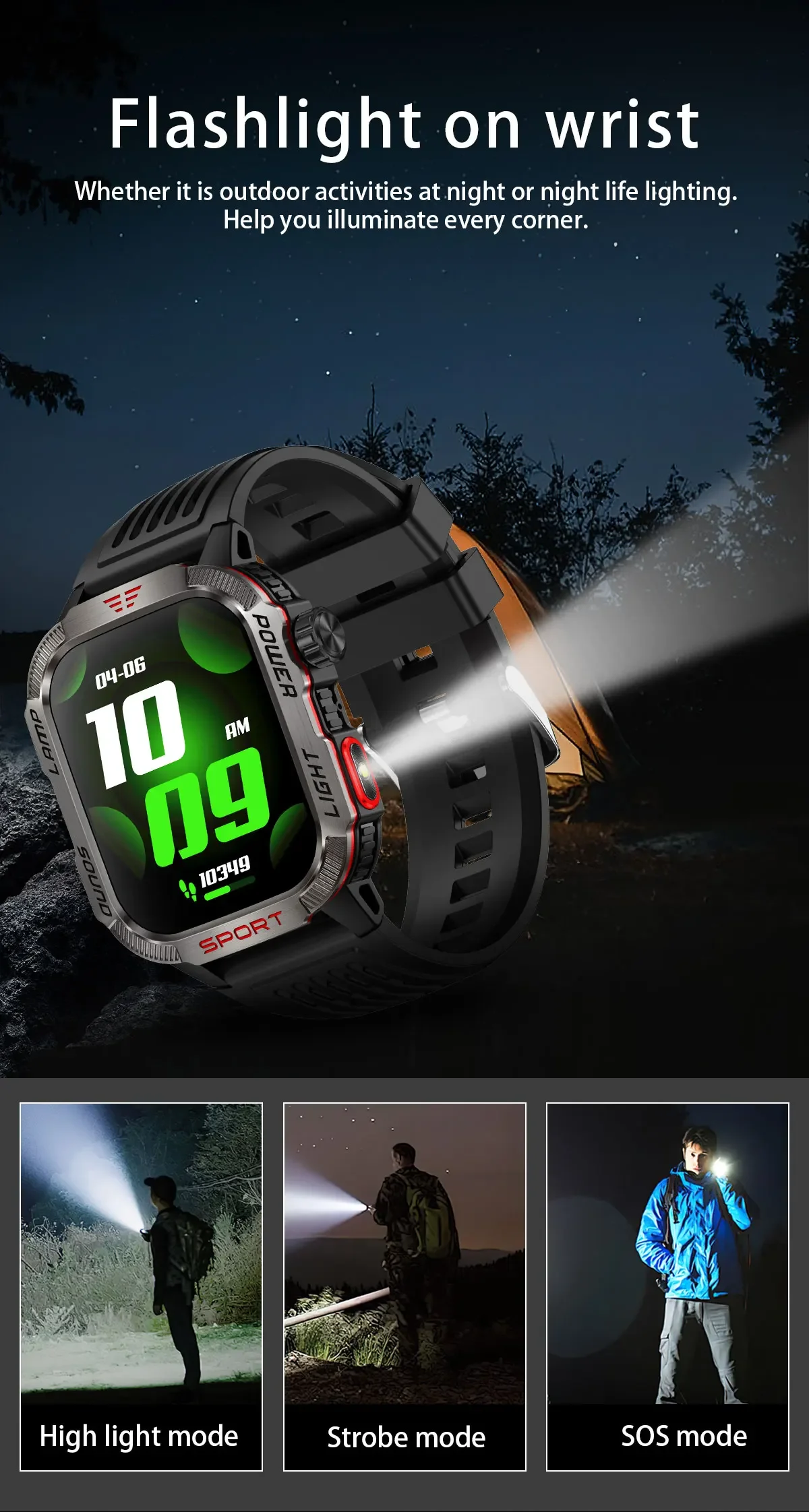 New 2.01-inch Outdoor Men Smart Watch 3ATM Waterproof Bracelet 600Mah Battery Compass LED Flashlight Bluetooth Call Smartwatches