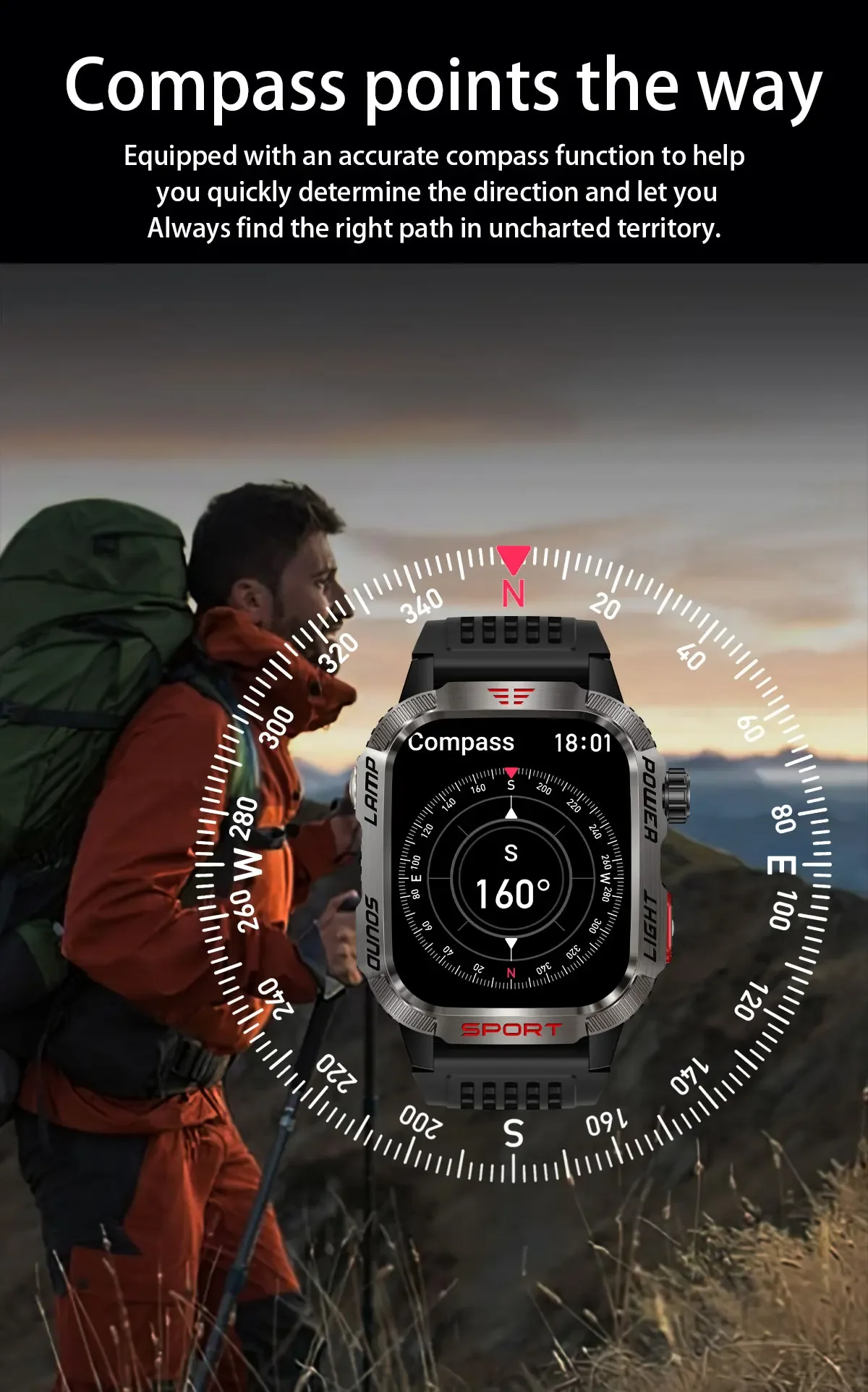 New 2.01-inch Outdoor Men Smart Watch 3ATM Waterproof Bracelet 600Mah Battery Compass LED Flashlight Bluetooth Call Smartwatches