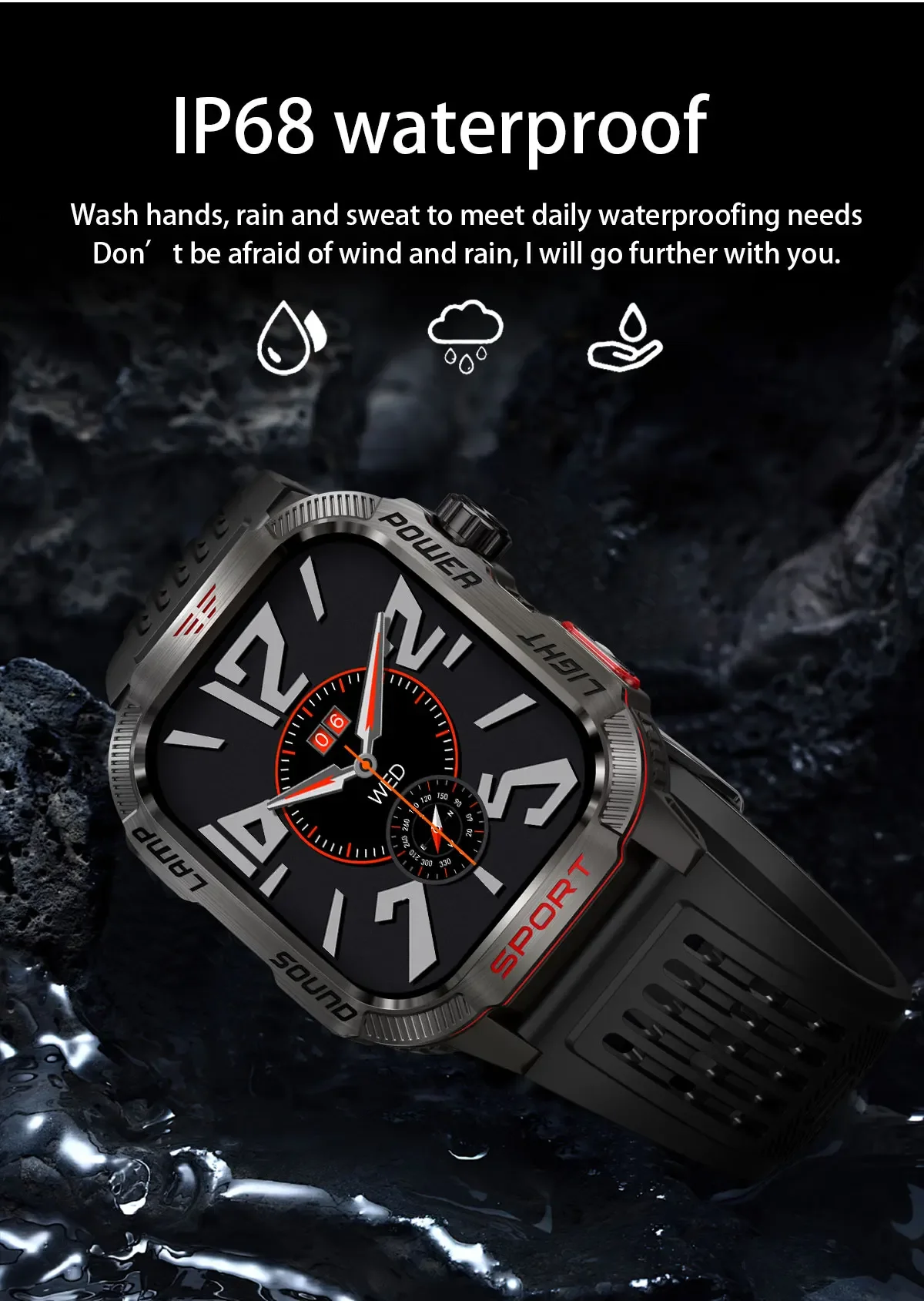 New 2.01-inch Outdoor Men Smart Watch 3ATM Waterproof Bracelet 600Mah Battery Compass LED Flashlight Bluetooth Call Smartwatches