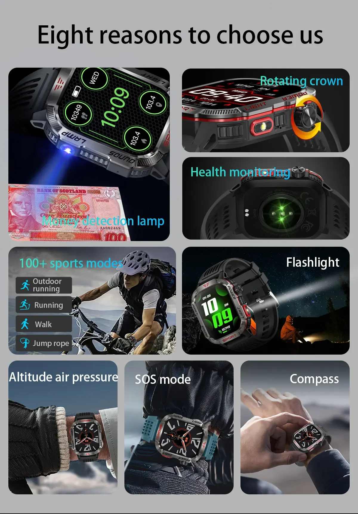 New 2.01-inch Outdoor Men Smart Watch 3ATM Waterproof Bracelet 600Mah Battery Compass LED Flashlight Bluetooth Call Smartwatches