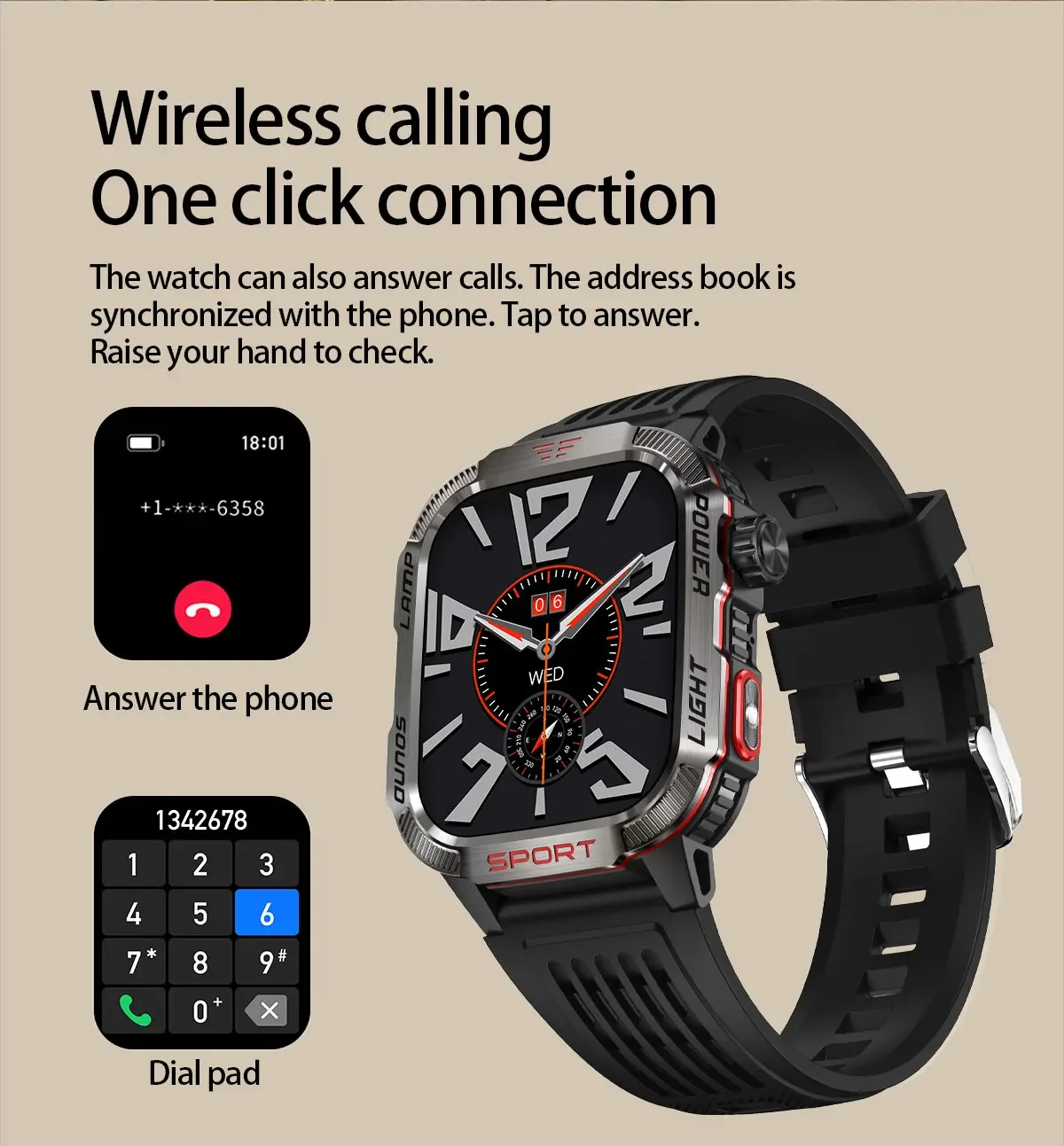 New 2.01-inch Outdoor Men Smart Watch 3ATM Waterproof Bracelet 600Mah Battery Compass LED Flashlight Bluetooth Call Smartwatches