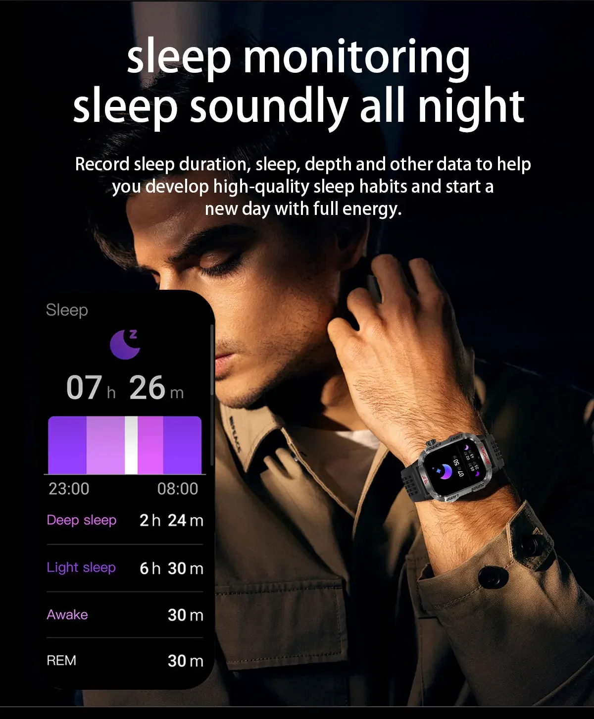 New 2.01-inch Outdoor Men Smart Watch 3ATM Waterproof Bracelet 600Mah Battery Compass LED Flashlight Bluetooth Call Smartwatches