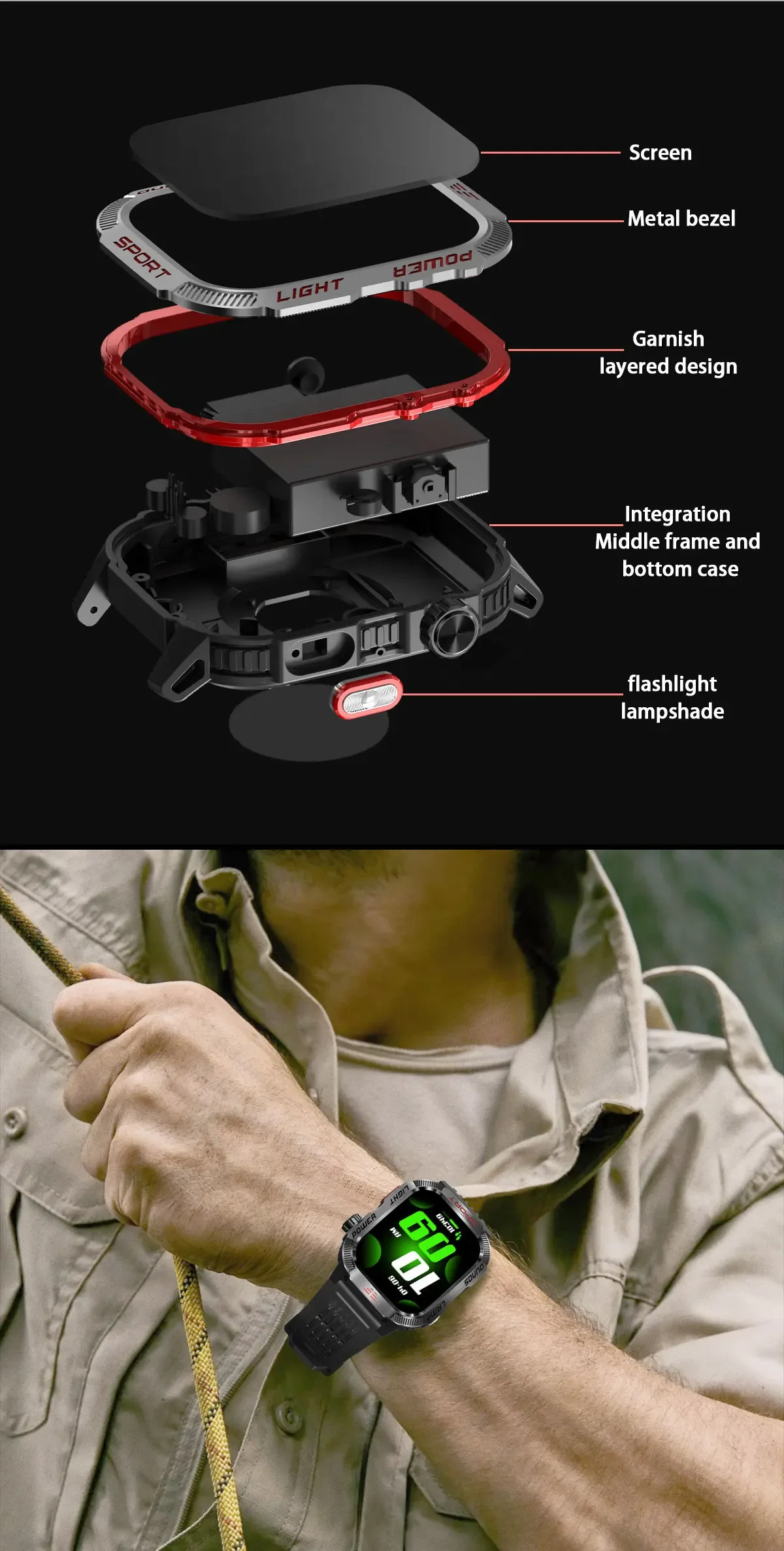 New 2.01-inch Outdoor Men Smart Watch 3ATM Waterproof Bracelet 600Mah Battery Compass LED Flashlight Bluetooth Call Smartwatches